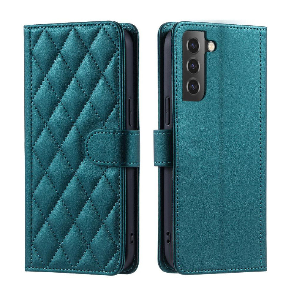 Photos - Case  Phone  For Samsung Galaxy S21 Card Slots Holder Flip Folio Wallet Hand Strap Lattice Magnetic(Bottle green )