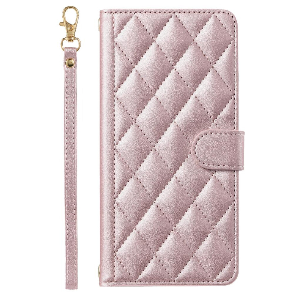(Pink) Phone Case For Samsung Galaxy S21 Card Slots Holder Flip Folio Wallet Hand Strap Lattice Magnetic Pink 764762551186