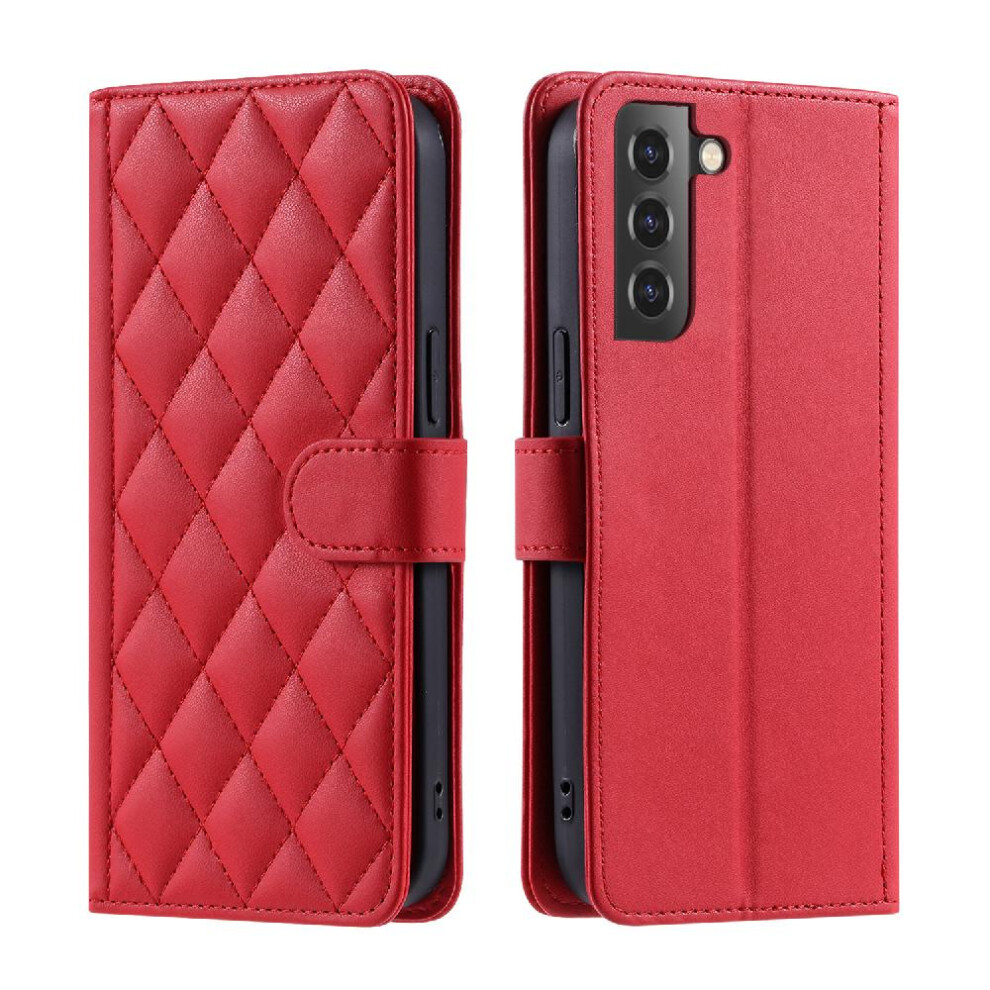 (Red) Phone Case For Samsung Galaxy S21 Card Slots Holder Flip Folio Wallet Hand Strap Lattice Magnetic Red 764762551230