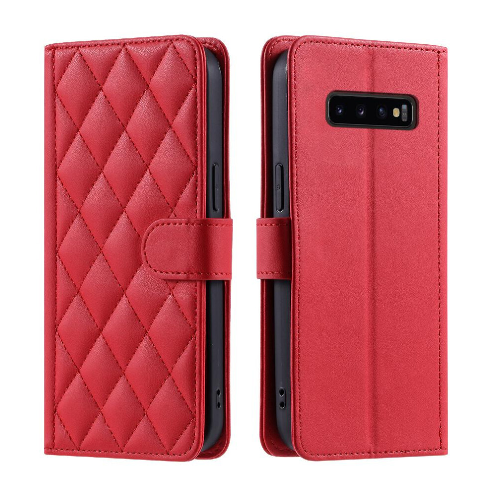 Photos - Case  Phone  For Samsung Galaxy S10 Flip Folio Wallet Magnetic Lattice Card Slots Holder Hand Strap(Red)