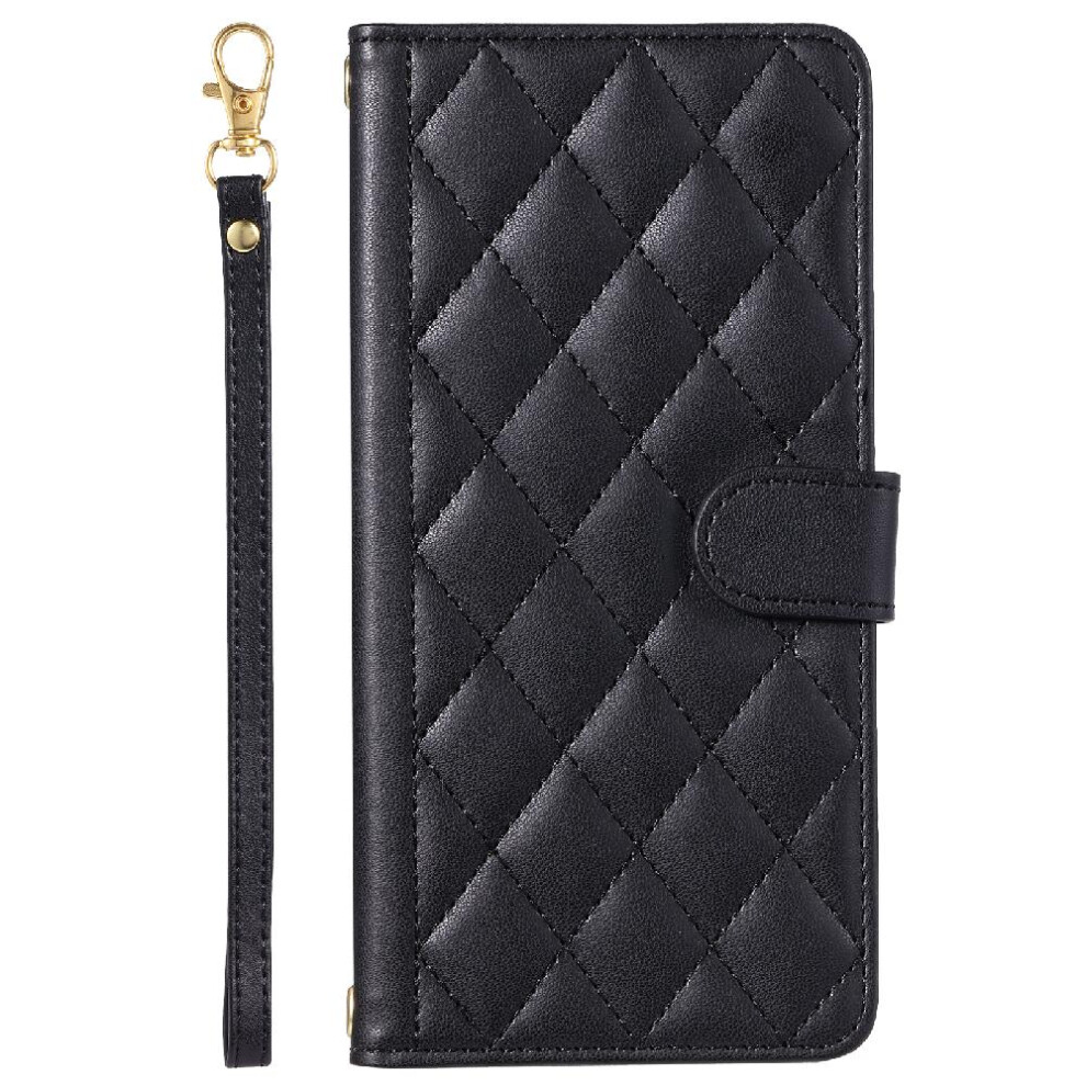 Photos - Case  Phone  For IPhone SE /2022 Card Slots Holder Magnetic Hand Strap Lattice Flip Folio Wallet 2020(Black)