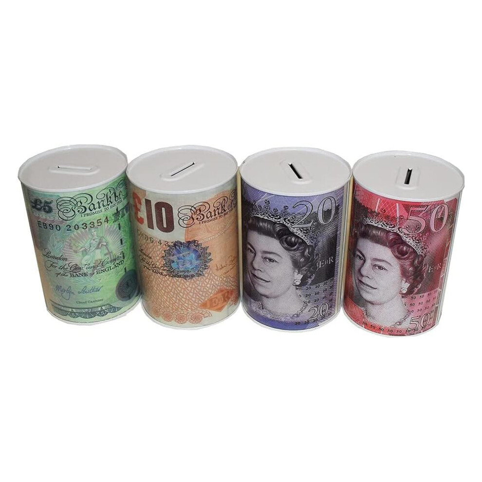 (1 RANDOM Tin) Cylindrical Shape Sterling Money Tin Piggy Bank