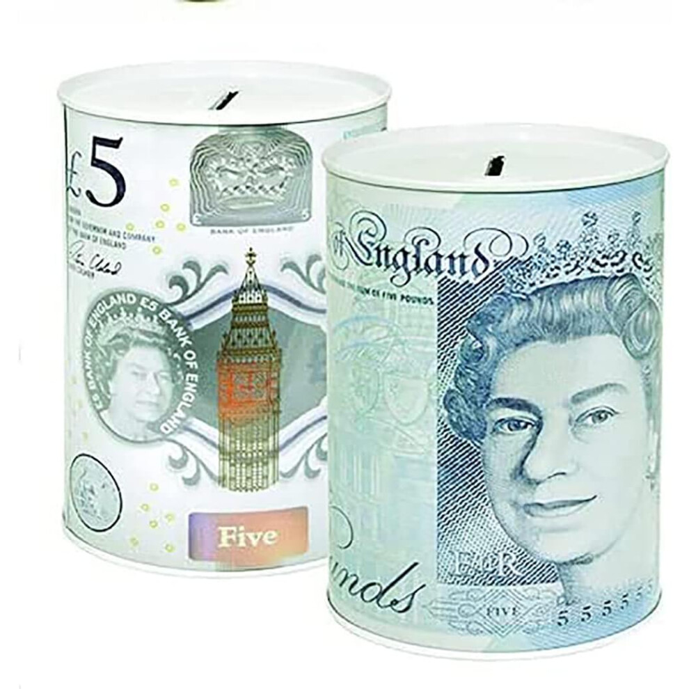 Sterling Money Tin Box Piggy Bank Cylindrical Shape and Multicolour 15x15 cm (Set of 2 £5)