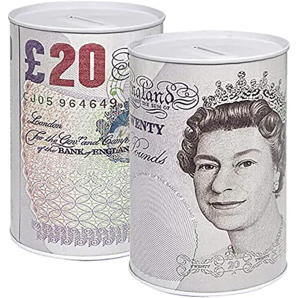 Sterling Money Tin Box Piggy Bank Cylindrical Shape and Multicolour 15x15 cm (Set of 2 £20)