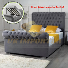 (King 5ft, Steel Plush(with Gaslift)) Luxury Sleigh Bed Frame Plush Velvet Diamond Chesterfield with Mattress