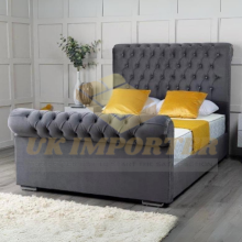 (King 5ft, Silver Plush(without Gaslift)) Luxury Sleigh Bed Frame Plush Velvet Diamond Chesterfield with Mattress
