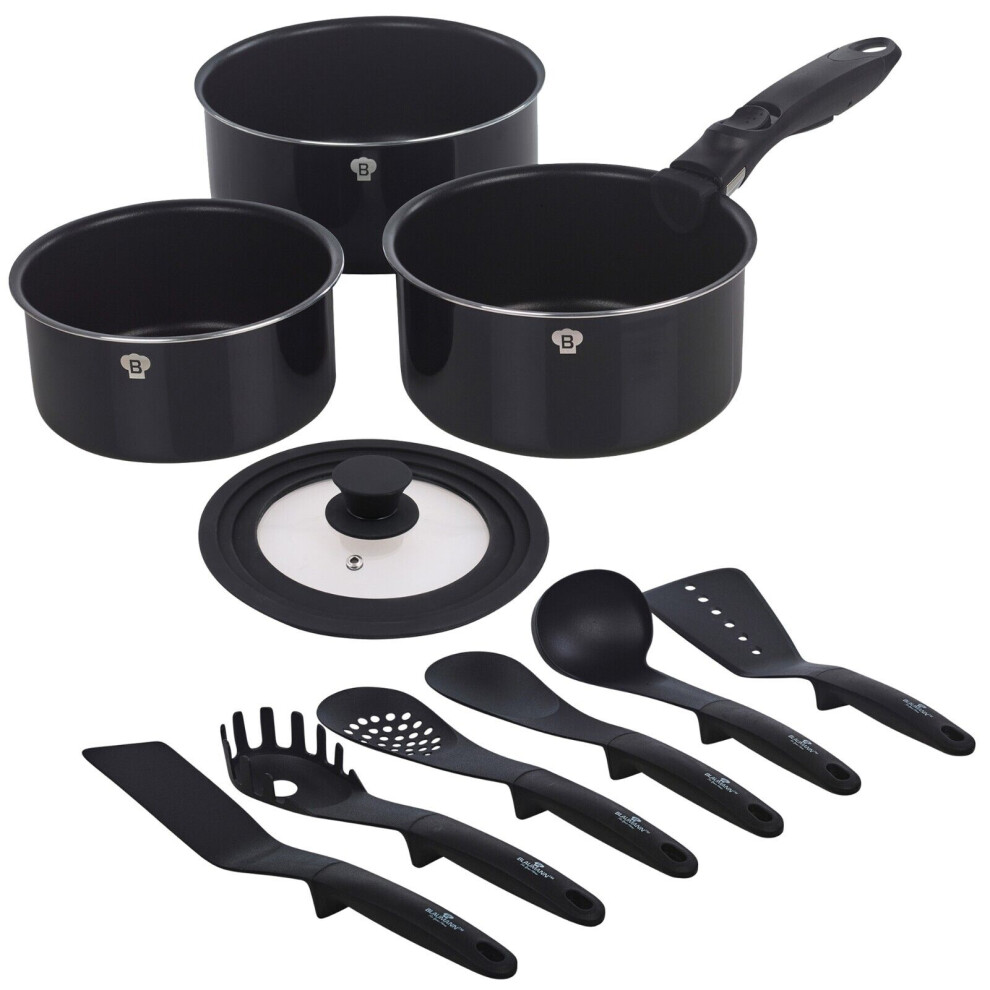 (Aquamarine, 5 Pc Saucepan w/ 6 Tools) Aluminium Induction Space Saving Cookware Saucepan Frying Pan Set Detachable Handle with Kitchen 6 Tools-image-OPC-PDHFFKJ-NEW