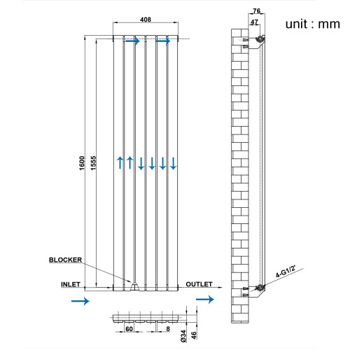 AICA Clearance Sale Flat Panel Radiator Single Anthracite 1600x408mm 2