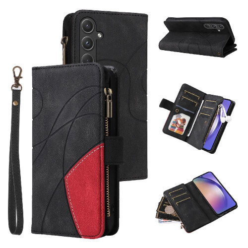 Case For Samsung Galaxy A55 5G With Card Slot Stand Two-color Stitching Nine Card Slots Kickstand Protective Zipper Wallet Style