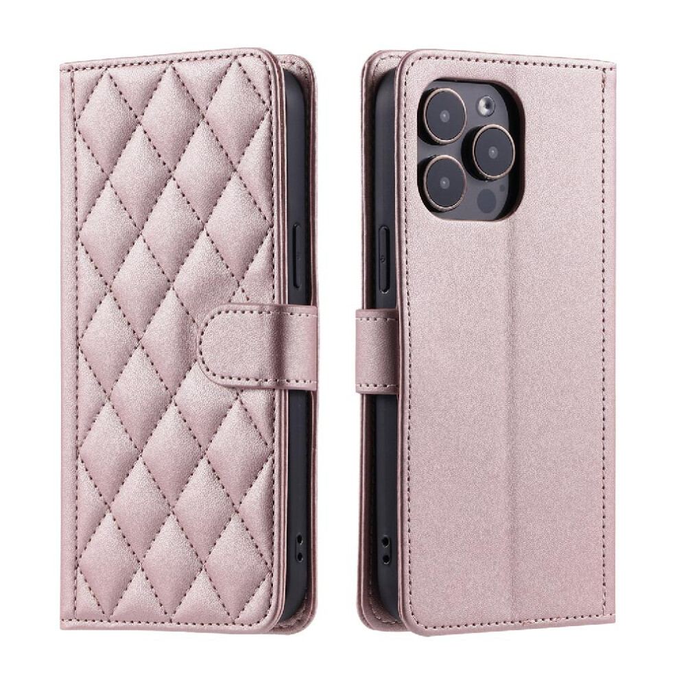 Photos - Case  Phone  For IPhone 13 Pro Max Lattice Magnetic Flip Folio Wallet Card Slots Holder Hand Strap(Pink)