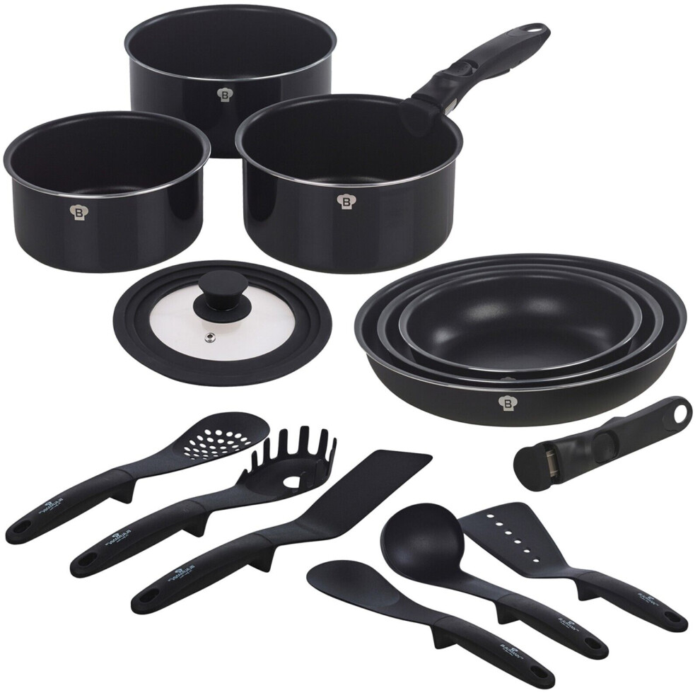 (Black Matt, 9 Pc w/ 6 Tools) Aluminium Induction Space Saving Cookware Saucepan Frying Pan Set Detachable Handle with Kitchen 6 Tools