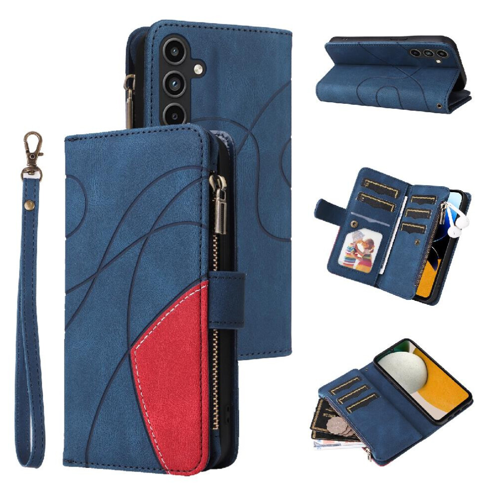 (Blue) Case For Samsung Galaxy A15 Zipper Wallet Style With Card Slot Stand Nine Card Slots Kickstand Protective Two-Color Stitching Blue 764762554514