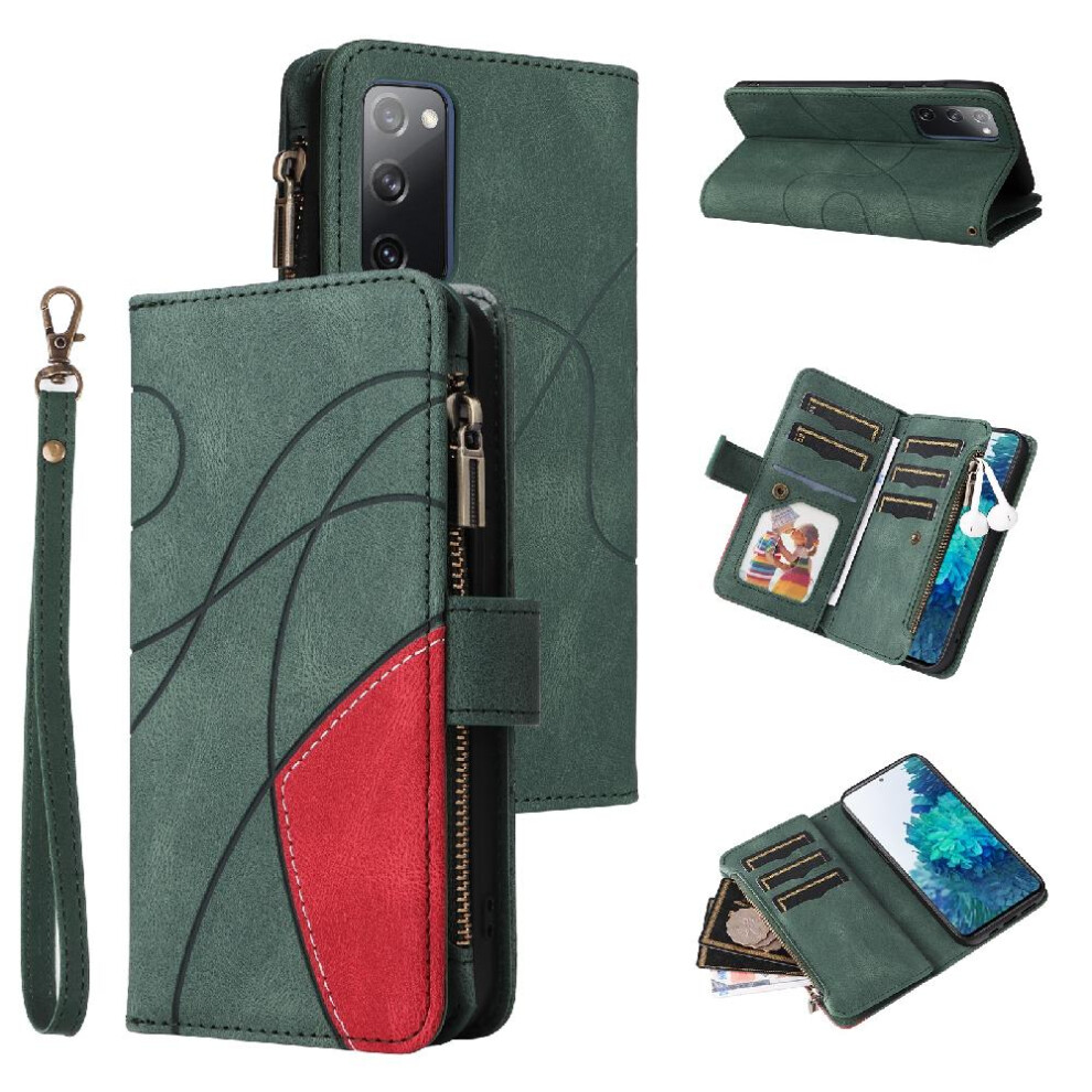 (Green) Case For Samsung Galaxy S20 Fe Kickstand Protective With Card Slot Stand Two-Color Stitching Nine Card Slots Zipper Wallet Style Green 764762555375