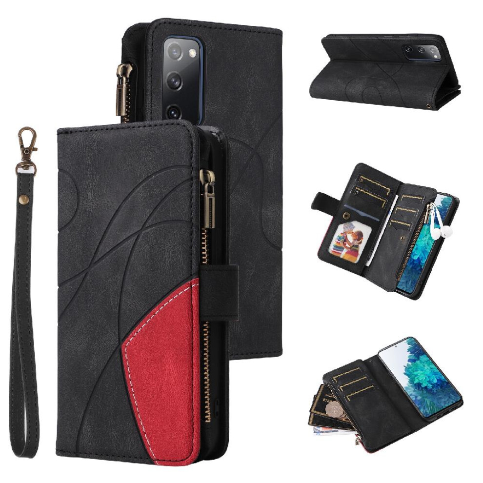 (Black) Case For Samsung Galaxy S20 Fe Kickstand Protective With Card Slot Stand Two-Color Stitching Nine Card Slots Zipper Wallet Style Black 764762555344