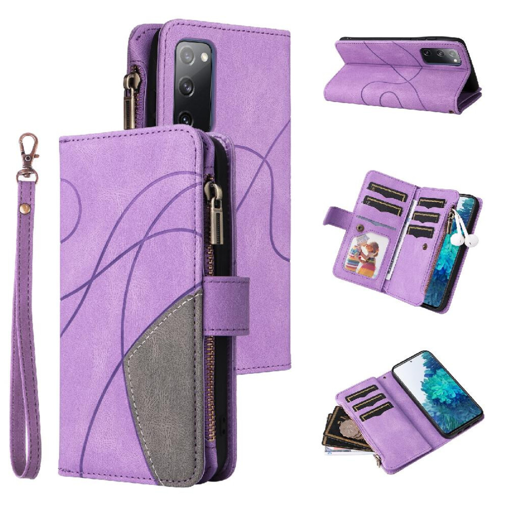 (Purple) Case For Samsung Galaxy S20 Fe Kickstand Protective With Card Slot Stand Two-Color Stitching Nine Card Slots Zipper Wallet Style Purple 764762555368