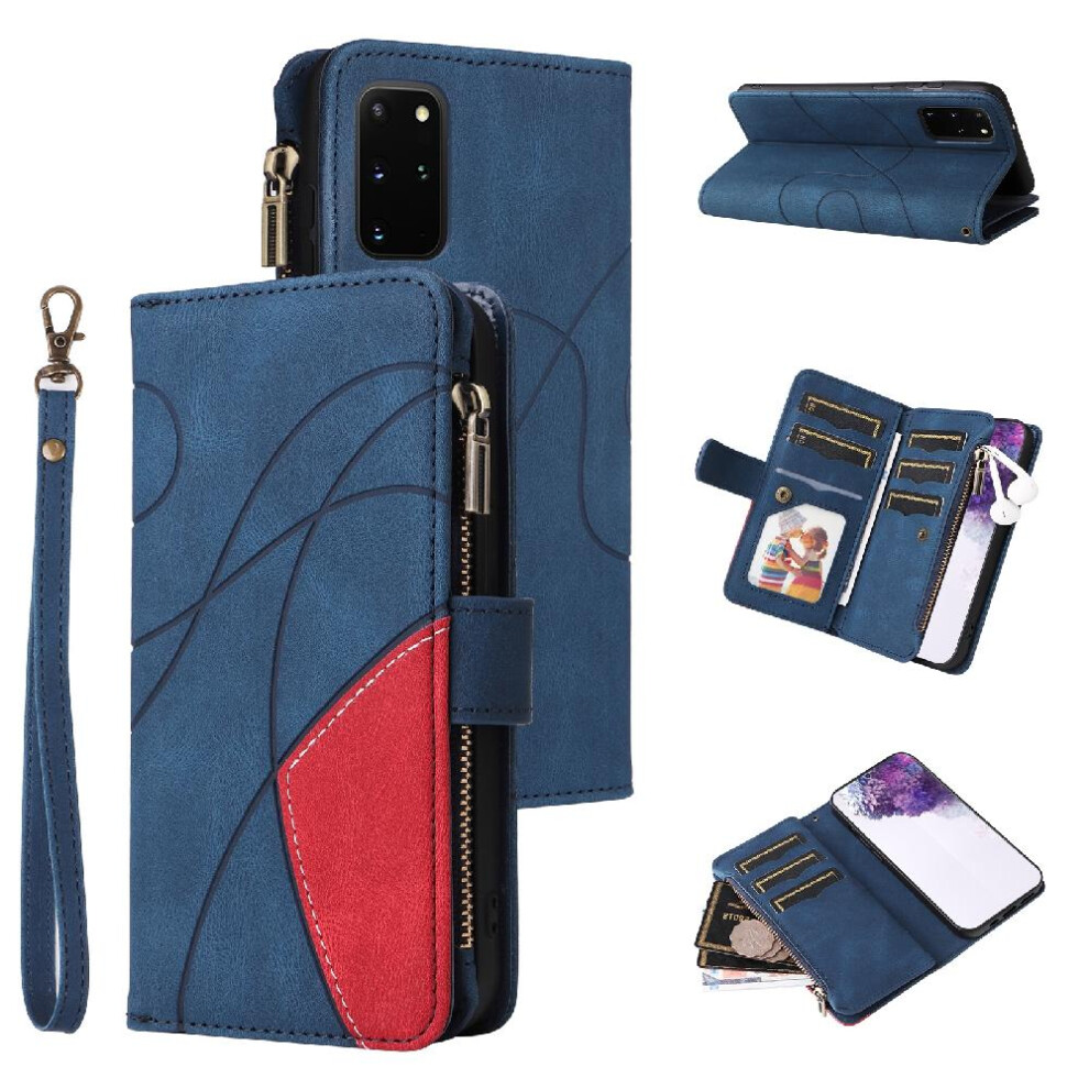 (Blue) Case For Samsung Galaxy S20 Plus Kickstand Protective Zipper Wallet Style Nine Card Slots With Card Slot Stand Two-Color Stitching Blue 764762555436