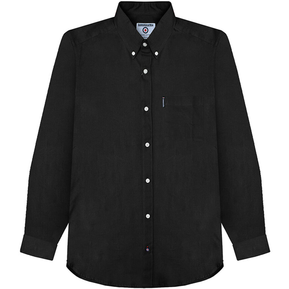 (S, Black) Lambretta Mens Oxford Long Sleeve Button Down Collar Smart Casual Shirt - Black