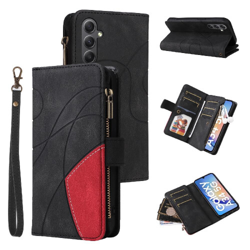Case For Samsung Galaxy A34 5G With Card Slot Stand Two-color Stitching Kickstand Protective Zipper Wallet Style Nine Card Slots
