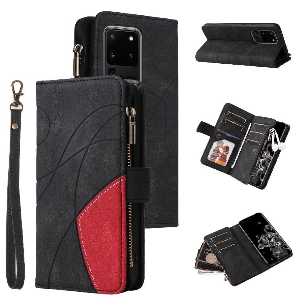 (Black) Case For Samsung Galaxy S20 Ultra Two-Color Stitching Nine Card Slots With Card Slot Stand Kickstand Protective Zipper Wallet Style Black 764762557195