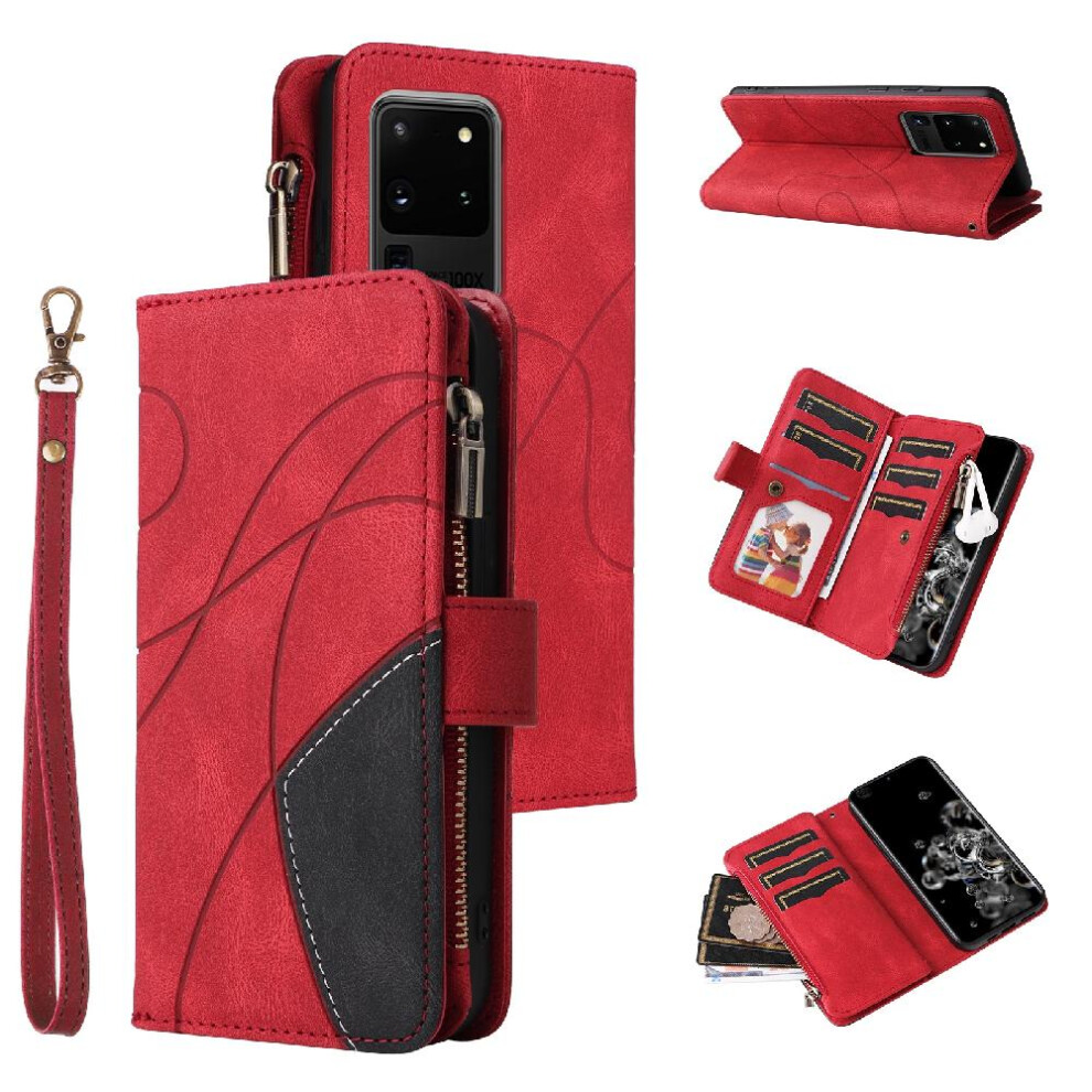 (Red) Case For Samsung Galaxy S20 Ultra Two-Color Stitching Nine Card Slots With Card Slot Stand Kickstand Protective Zipper Wallet Style Red 764762557201