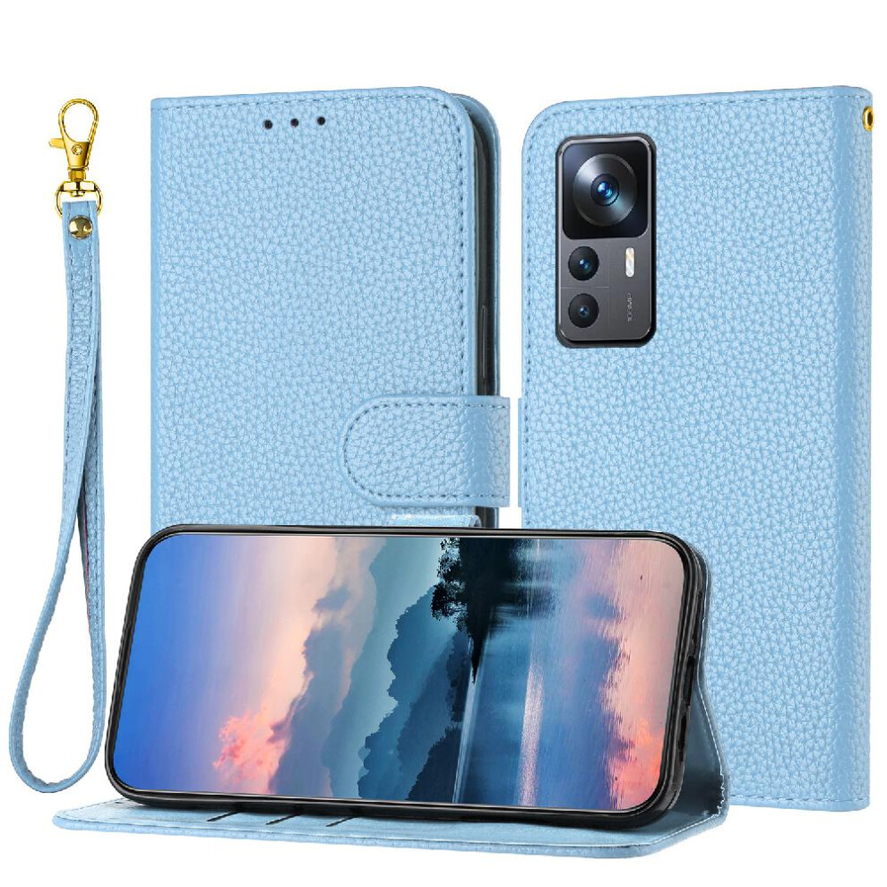 (Light ) Phone Case For Xiaomi 12T/12T Pro Litchi Pattern Flip Folio Wallet Card Slots Holder Pu Lether Blue 764762558451