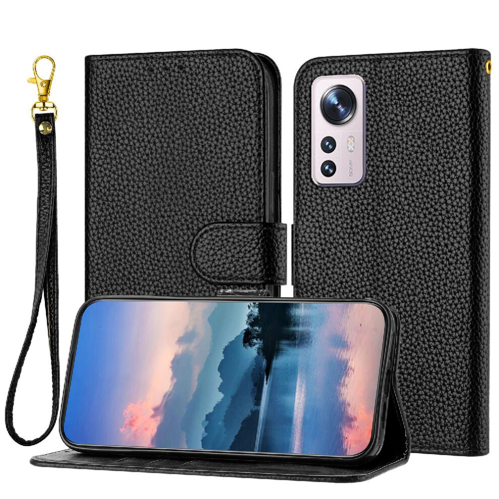 (Black) Phone Case For Xiaomi 12/12X Flip Folio Card Slots Holder Pu Lether Litchi Pattern Wallet Black 764762558567