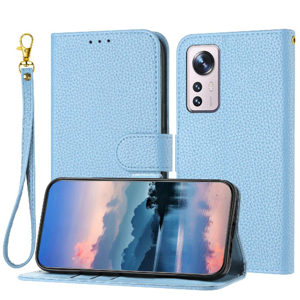 (Light ) Phone Case For Xiaomi 12/12X Flip Folio Card Slots Holder Pu Lether Litchi Pattern Wallet Blue 764762558574