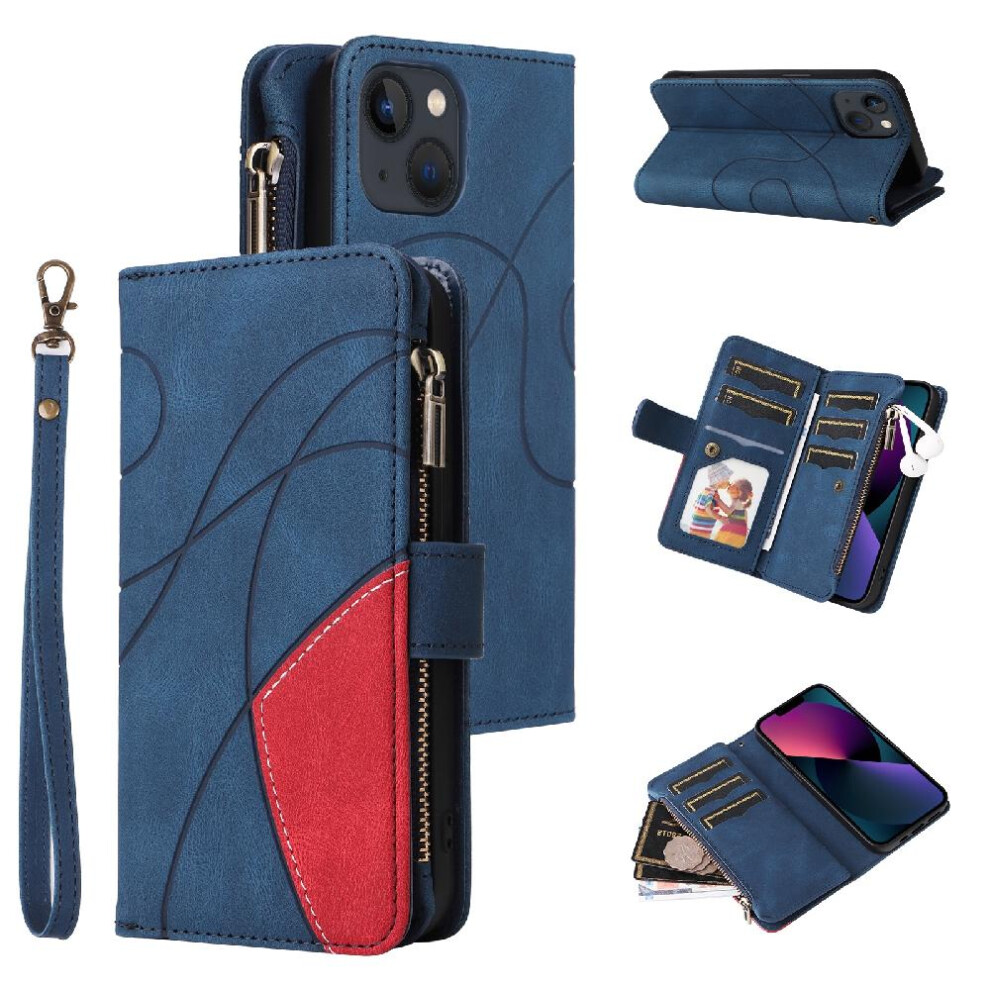 (Blue) Case For Iphone 14 Zipper Wallet Style Two-Color Stitching Kickstand Protective With Card Slot Stand Nine Card Slots Blue 764762558628
