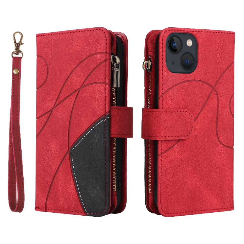 (Red) Case For Iphone 13 Kickstand Protective Two-Color Stitching Nine Card Slots With Card Slot Stand Zipper Wallet Style Red 764762558642