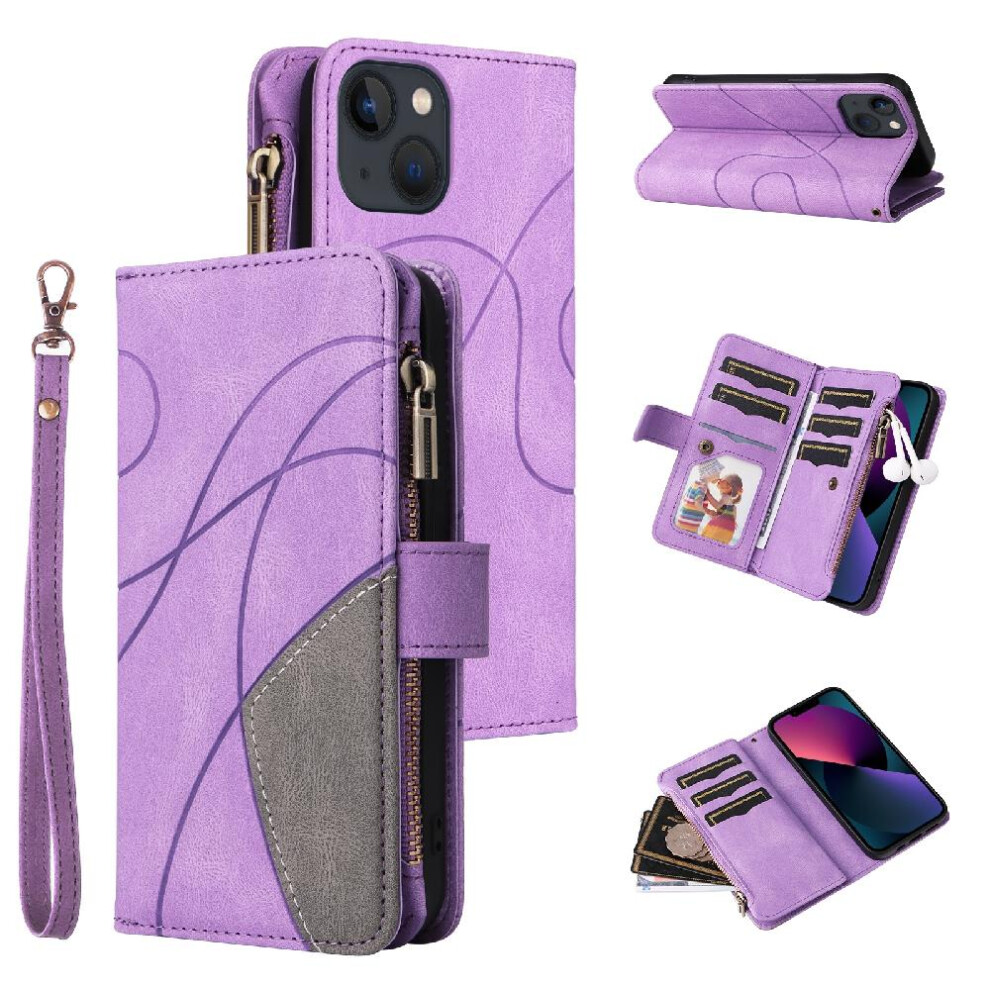 (Purple) Case For Iphone 13 Kickstand Protective Two-Color Stitching Nine Card Slots With Card Slot Stand Zipper Wallet Style Purple 764762558659