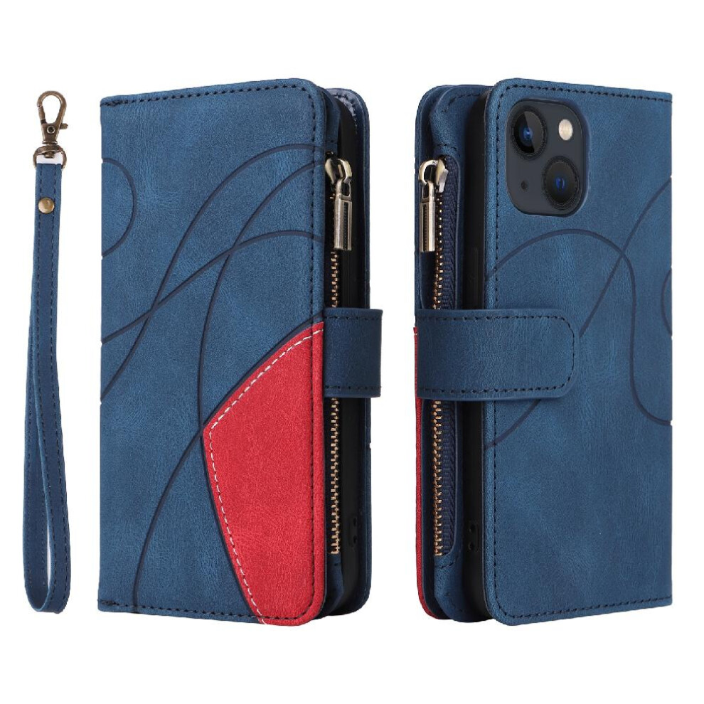 (Blue) Case For Iphone 13 Kickstand Protective Two-Color Stitching Nine Card Slots With Card Slot Stand Zipper Wallet Style Blue 764762558673