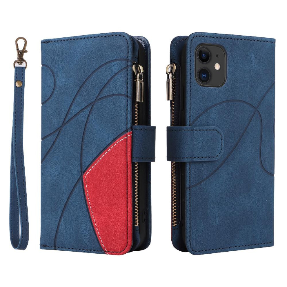 (Blue) Case For Iphone 11 Nine Card Slots Kickstand Protective Two-Color Stitching With Card Slot Stand Zipper Wallet Style Blue 764762559007