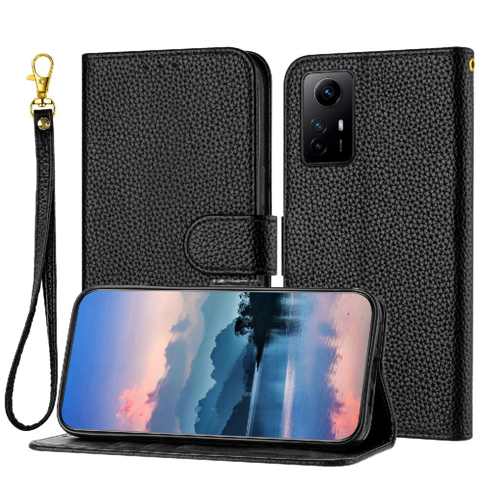(Black) Phone Case For Xiaomi Redmi Note 12S Wallet Litchi Pattern Flip Folio Pu Lether Card Slots Holder Black 764762559298