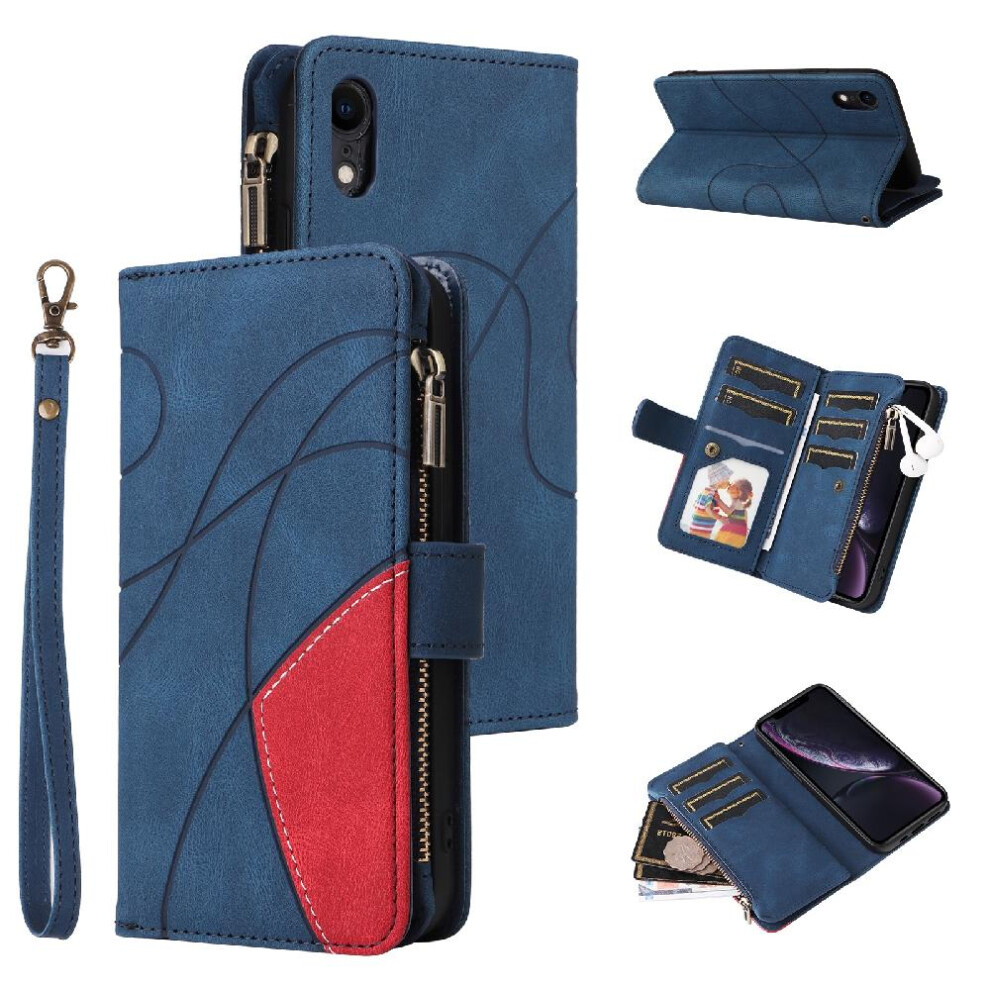 (Blue) Case For Iphone Xr Two-Color Stitching Nine Card Slots Kickstand Protective Zipper Wallet Style With Card Slot Stand Blue 764762559571