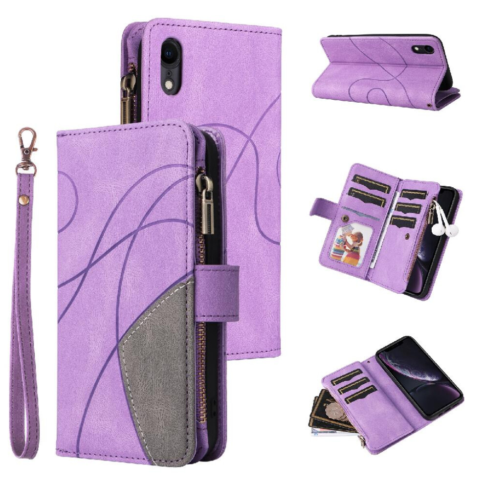 (Purple) Case For Iphone Xr Two-Color Stitching Nine Card Slots Kickstand Protective Zipper Wallet Style With Card Slot Stand Purple 764762559557