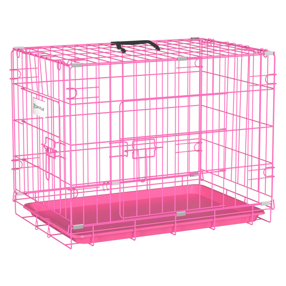 (24inch Pink) Dog Cage Puppy Training Crate with Removable Plastic Tray Transport Carry Cage For Home Travel Outdoor Indoor