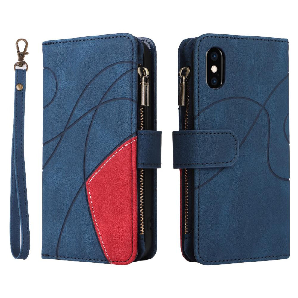 (Blue) Case For Iphone Xs Max Zipper Wallet Style Nine Card Slots Kickstand Protective Two-Color Stitching With Card Slot Stand Blue 764762559687
