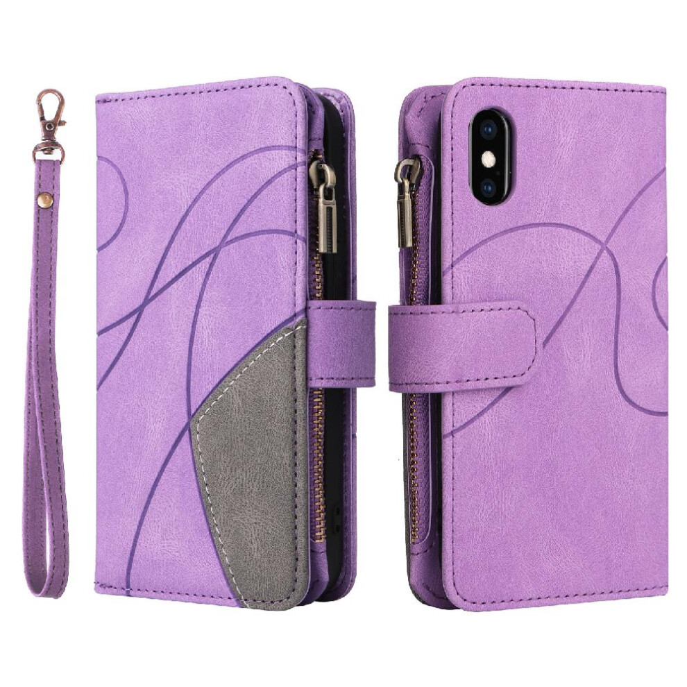 (Purple) Case For Iphone Xs Max Zipper Wallet Style Nine Card Slots Kickstand Protective Two-Color Stitching With Card Slot Stand Purple 764762559663