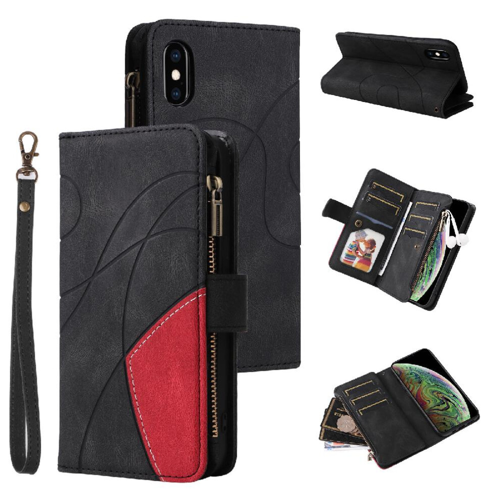 (Black) Case For Iphone Xs Max Zipper Wallet Style Nine Card Slots Kickstand Protective Two-Color Stitching With Card Slot Stand Black 764762559649
