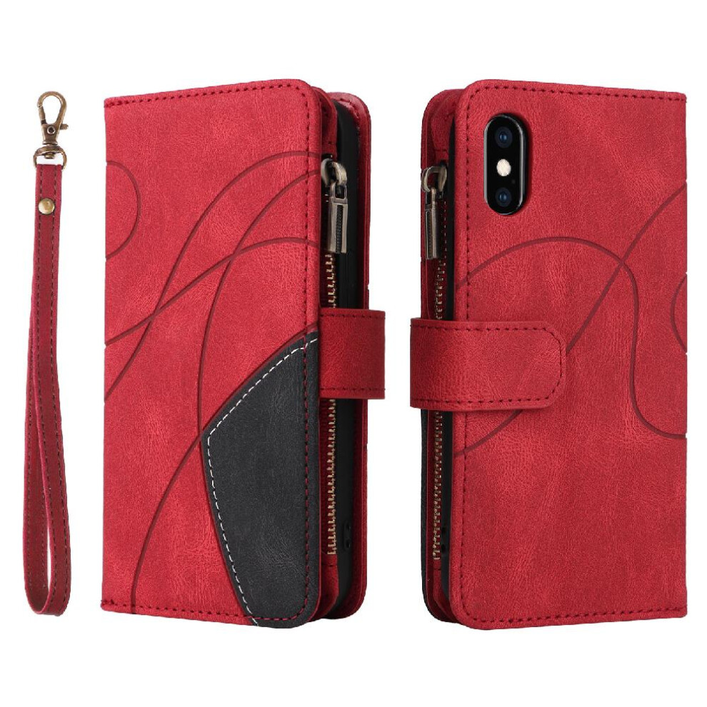 (Red) Case For Iphone X/Xs With Card Slot Stand Zipper Wallet Style Nine Card Slots Kickstand Protective Two-Color Stitching Red 764762559700