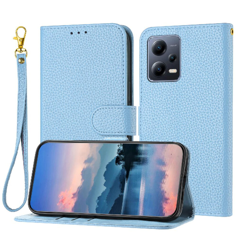 (Light ) Phone Case For Xiaomi Poco X5 Card Slots Holder Flip Folio Wallet Litchi Pattern Pu Lether Blue 764762560027