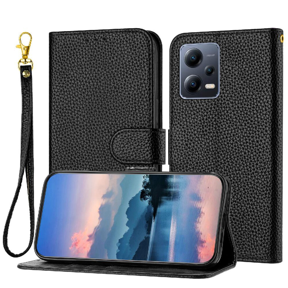 (Black) Phone Case For Xiaomi Poco X5 Card Slots Holder Flip Folio Wallet Litchi Pattern Pu Lether Black 764762560010
