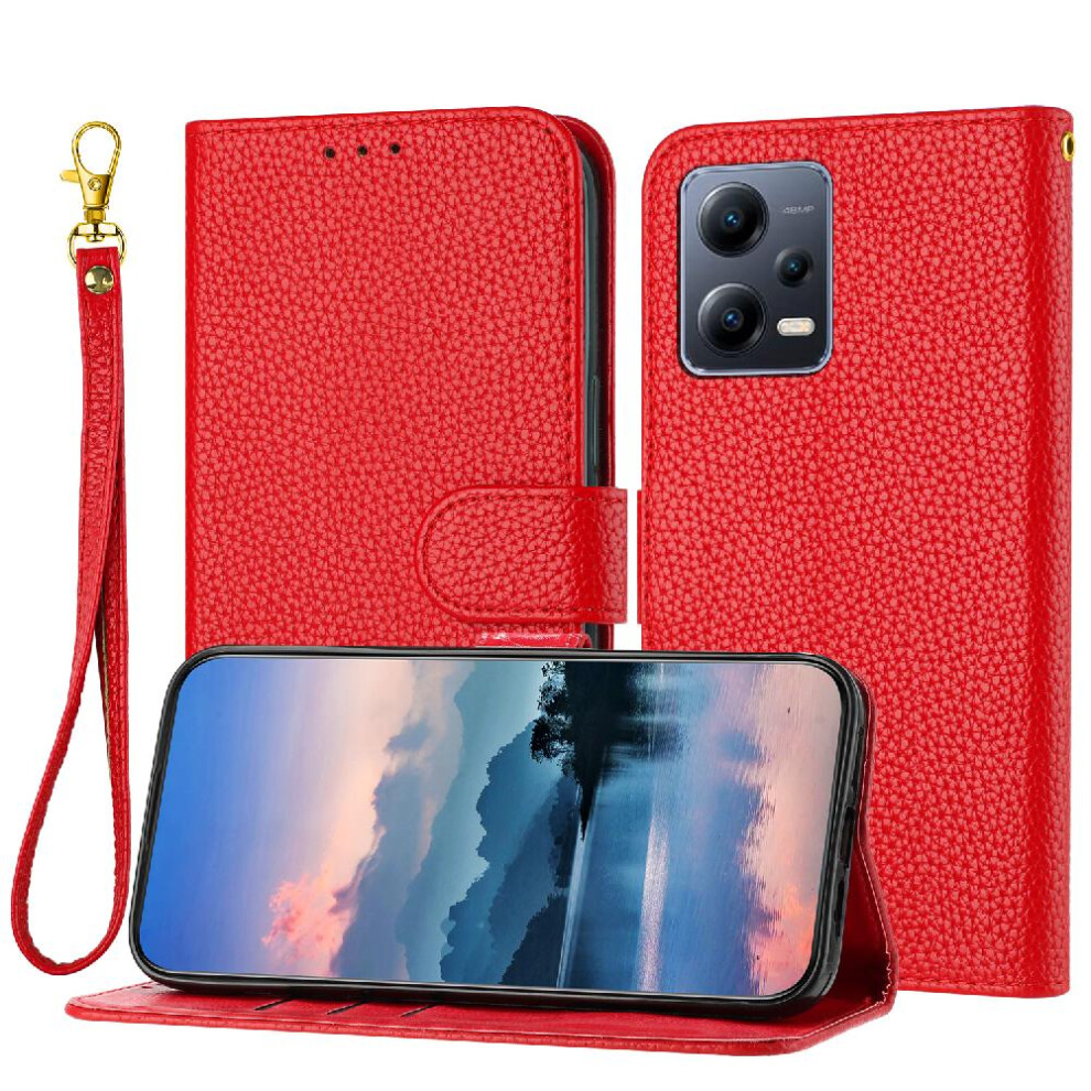 (Red) Phone Case For Xiaomi Poco X5 Card Slots Holder Flip Folio Wallet Litchi Pattern Pu Lether Red 764762559977
