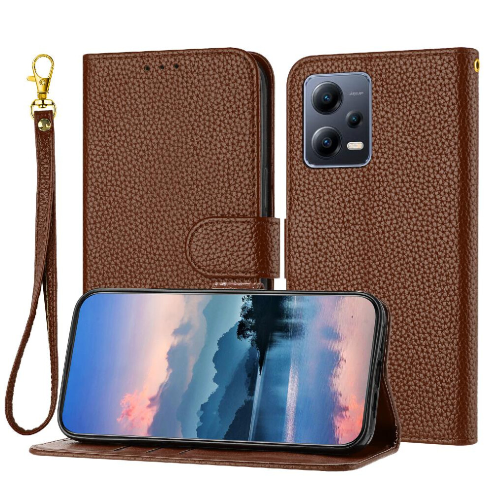 (Brown) Phone Case For Xiaomi Redmi Note 12 5G Litchi Pattern Flip Folio Card Slots Holder Wallet Pu Lether Brown 764762560065