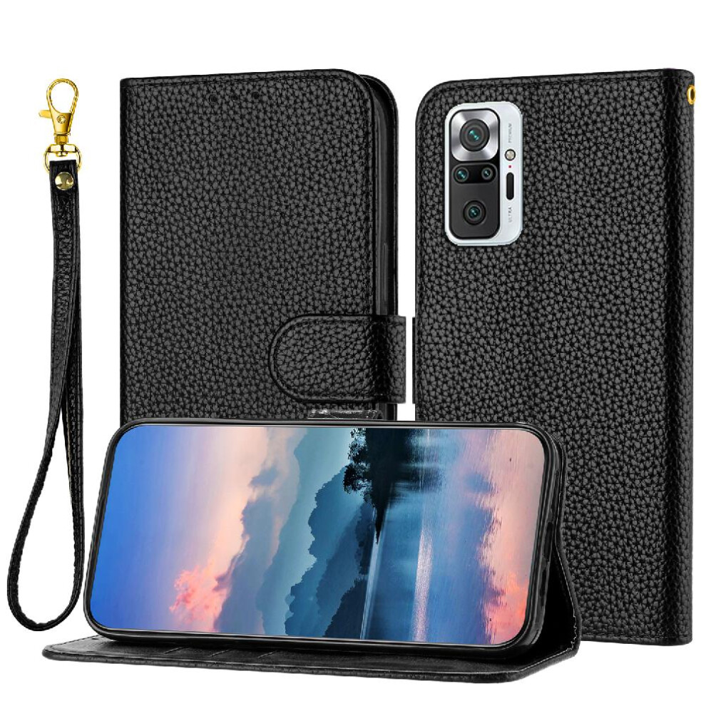 (Black) Phone Case For Xiaomi Redmi Note 10 Pro 4G Pu Lether Card Slots Holder Wallet Flip Folio Litchi Pattern Black 764762560614
