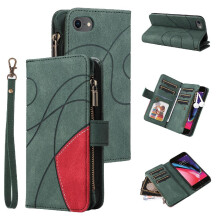 (Green) Case For IPhone SE 2020/SE 2022 Zipper Wallet Style Nine Card Slots Two-color Stitching With Card Slot Stand Kickstand Protective