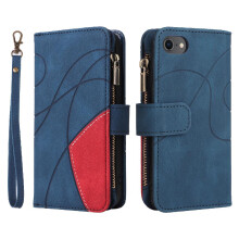 (Blue) Case For IPhone SE 2020/SE 2022 Zipper Wallet Style Nine Card Slots Two-color Stitching With Card Slot Stand Kickstand Protective
