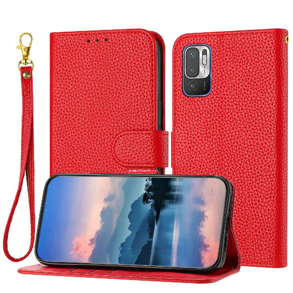 (Red) Phone Case For Xiaomi Mi Note 10 5G/Note 10T 5G Pu Lether Wallet Card Slots Holder Flip Folio Litchi Pattern Red 764762560782