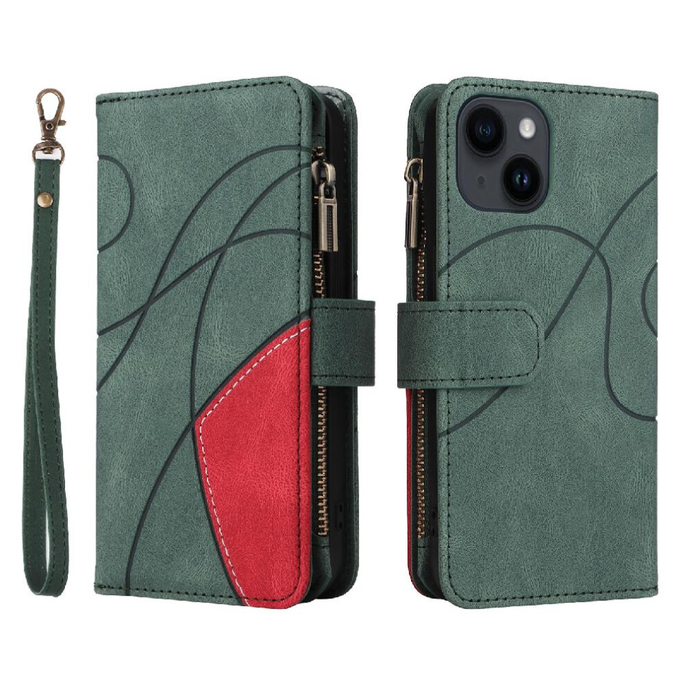 (Green) Case For Iphone 15 Zipper Wallet Style Nine Card Slots Kickstand Protective Two-Color Stitching With Card Slot Stand Green 764762560980