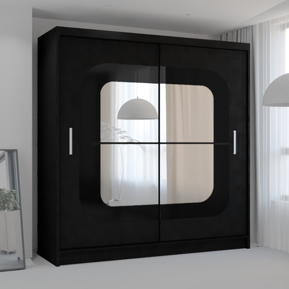 (150 cm, BLACK) Leeds Modern Sliding Mirror Door Wardrobe